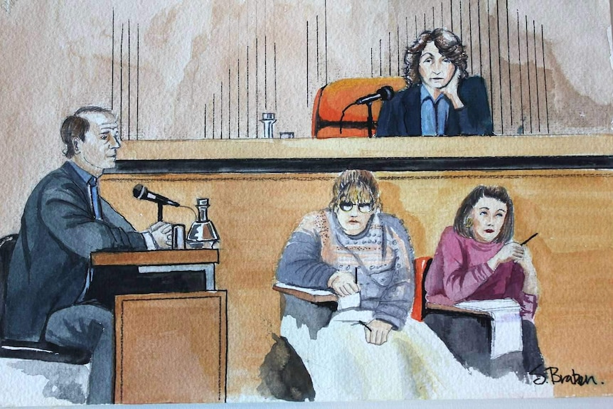 Drawing of people in court room