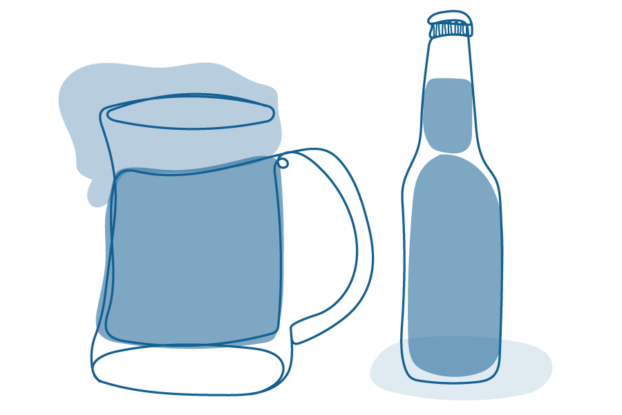 An illustration of a beer bottle and a mug.