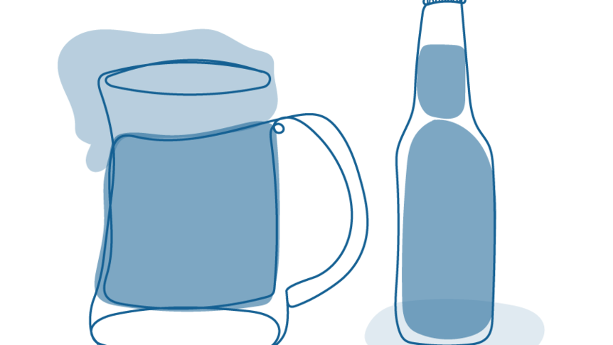 An illustration of a beer bottle and a mug.