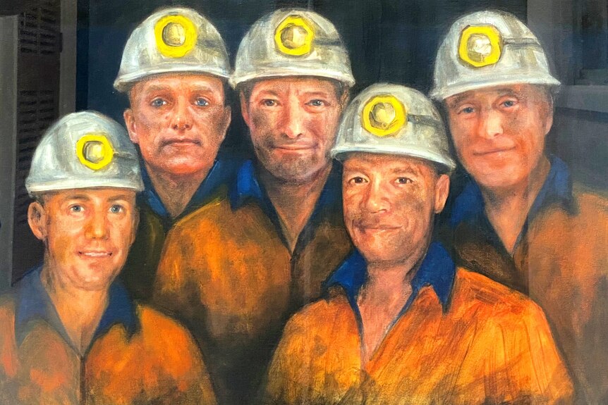A painting of five coal miners with hard hats on and covered in coal dust