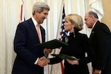 At a joint press conference with Mr Kerry, Ms Bishop said the issue of foreign fighters needed to be addressed globally.
