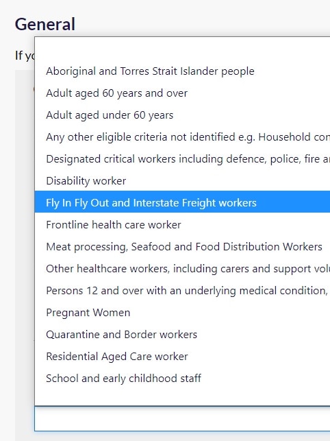 A drop-down menu showing priority workers for vaccines.