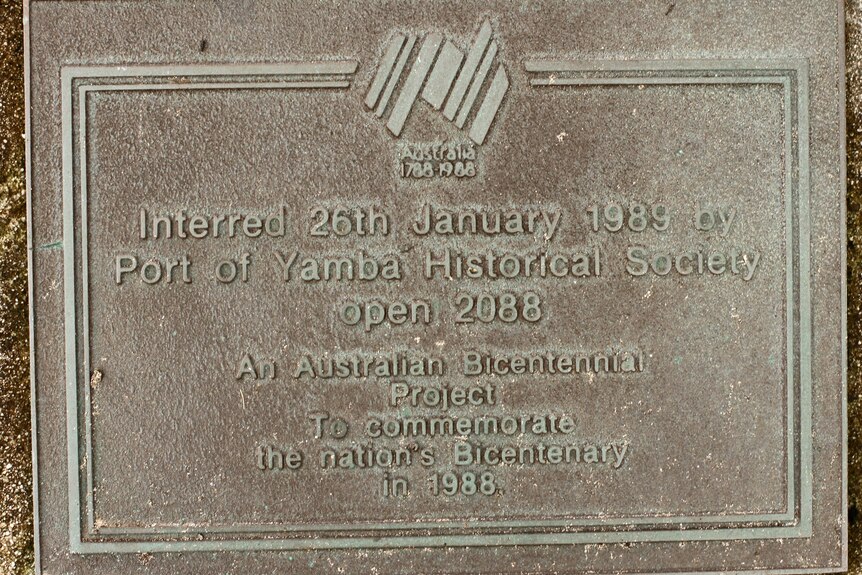 a plaque from the Yamba Historical Society showing a time capsule should be opened in 2088.