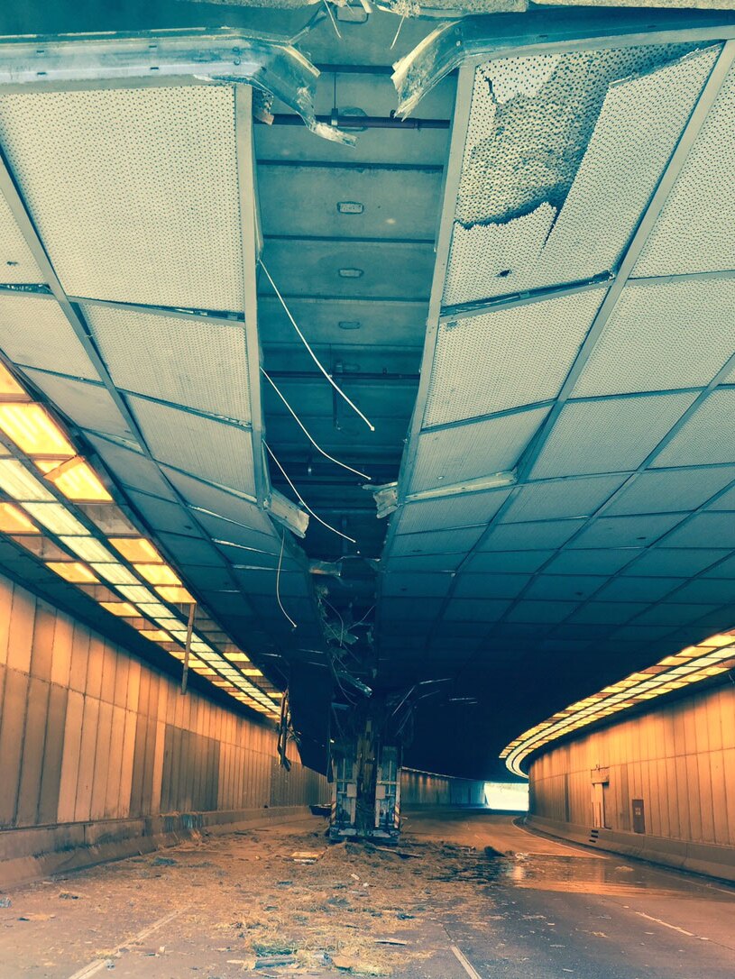The truck still stuck within the tunnel on Parkes Way in Canberra