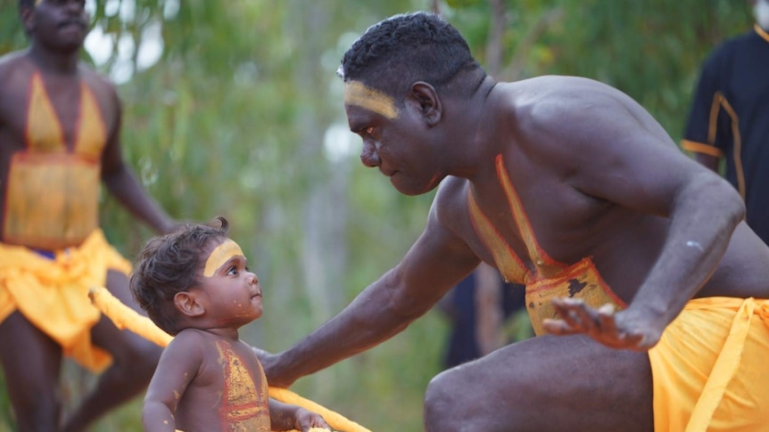 Eighteen-month-old Joevhan Burarrwanga looks up at a fellow dancer 2019 at the Garma festival.