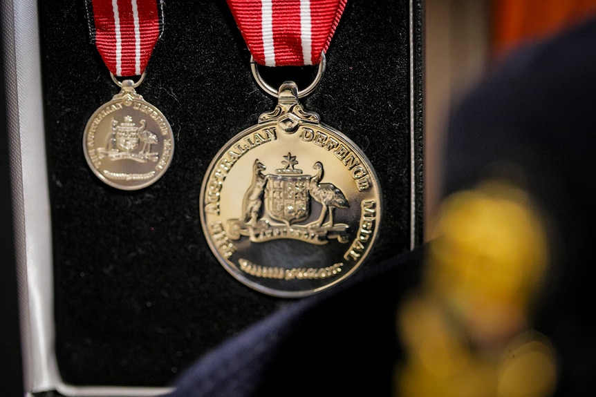 Gold defence medals with red bands