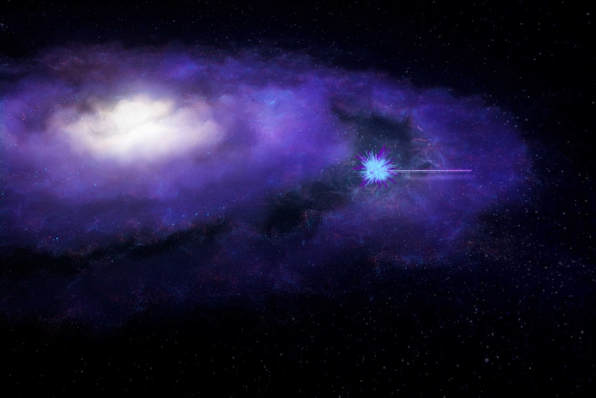 A graphic shows the fast radio burst leaving its host galaxy as a bright burst of radio waves.