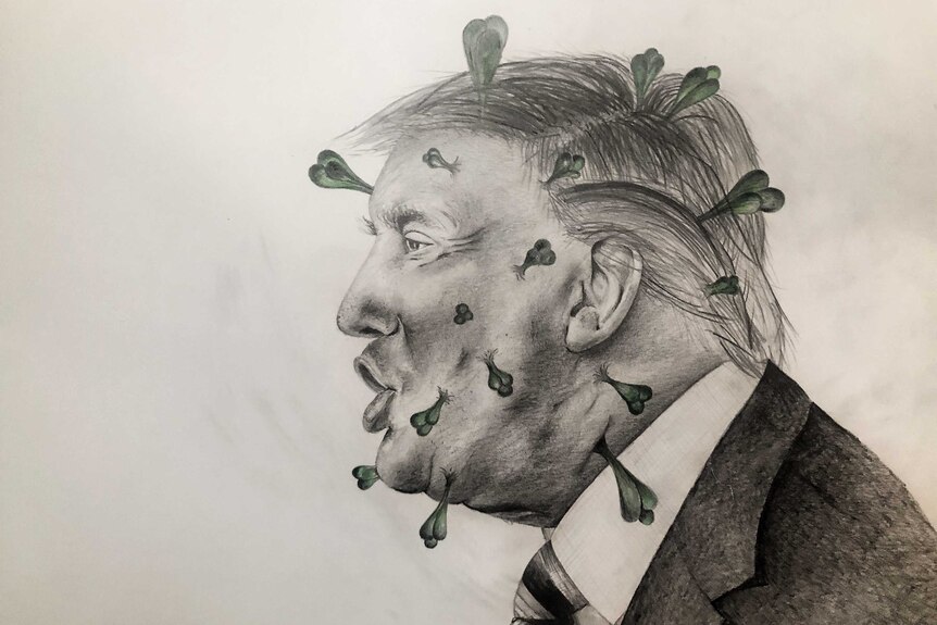 A sketch of US President Donald Trump with viral protuberances.