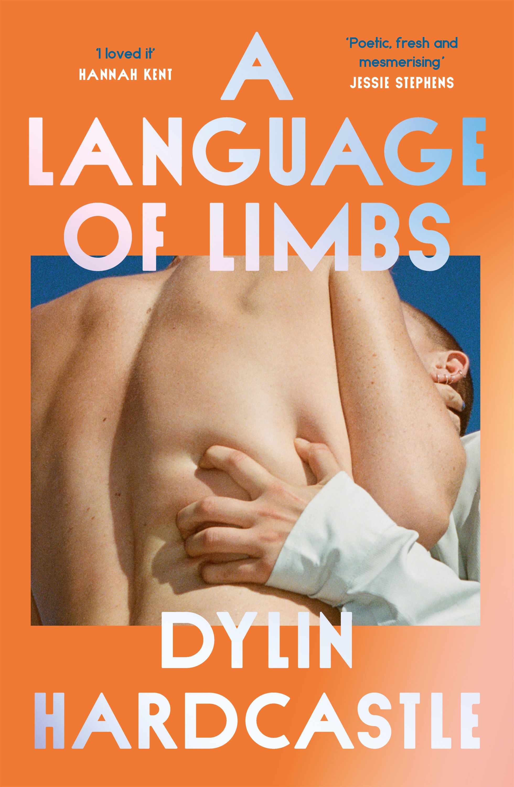A book cover with a photo of two people embracing, one with a hand gripping the other's bare back, on an orange background