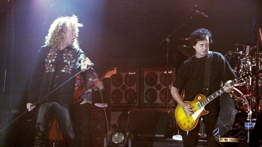 Guitar legend Jimmy Page (right) wields a Gibson Les Paul.