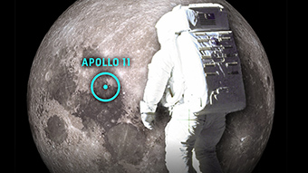 Graphic of astronaut, Moon and Apollo 11 landing site