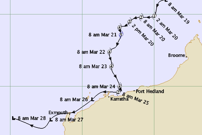 A map of WA's north showing the path of a cyclone.