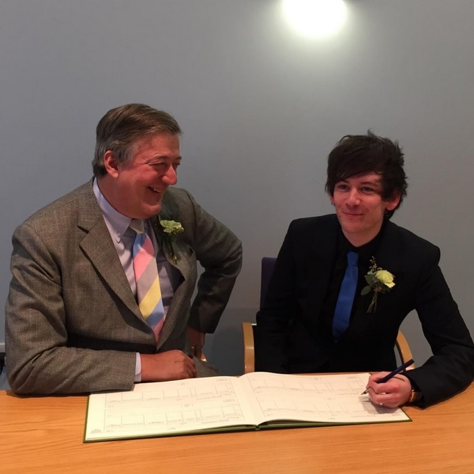 British actor Stephen Fry marries his boyfriend Elliott Spencer.