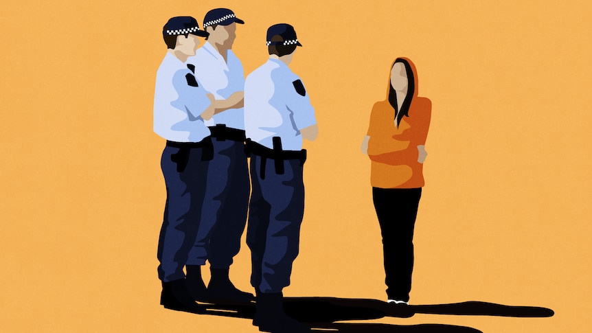 A graphic illustration of a woman in a red shirt surrounded by three police officers in uniform