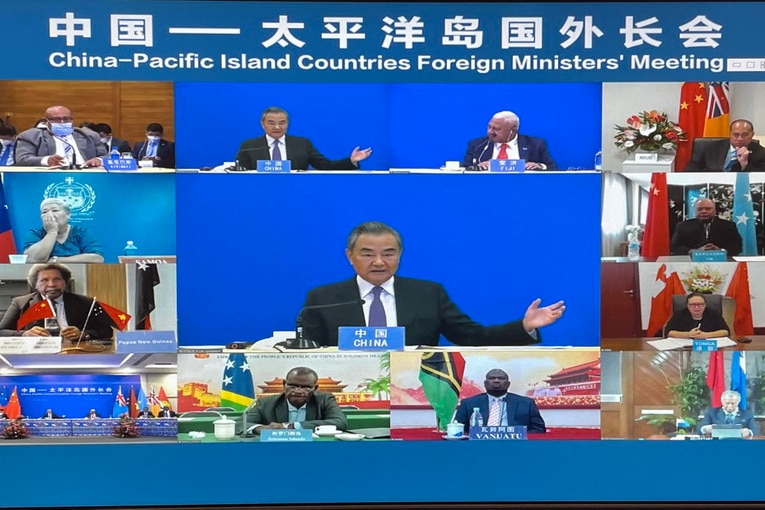 A screen shot of a video call between Wang Yi and Pacific Island foreign ministers. 