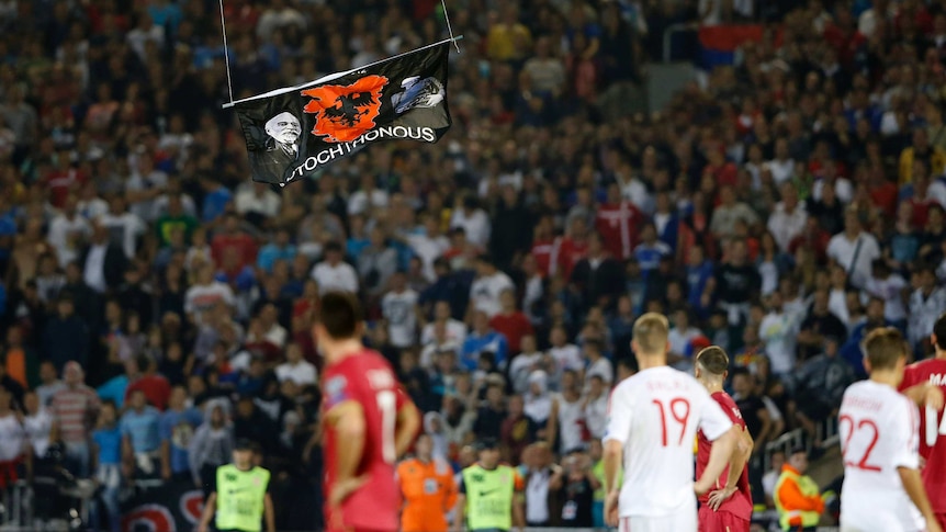 Albanian flag flown in by drone during Serbia-Albania match