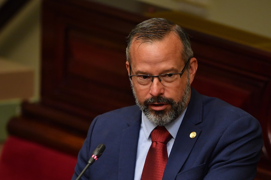 A man in a suit and tie stands at a lectern and speaks in parliament.