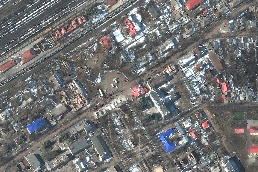 Aerial shot of a destoryed city centre.