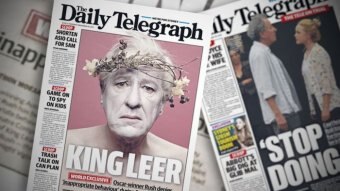 Geoffrey Rush on the cover of a newspaper