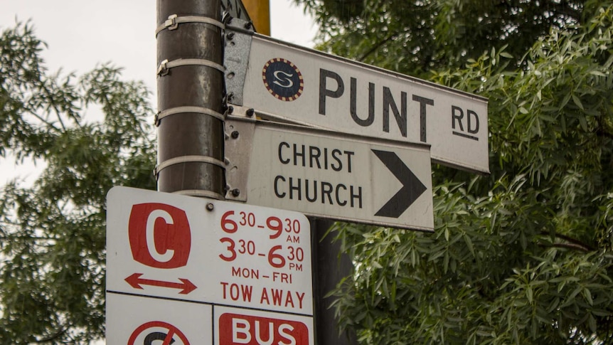 A sign for Punt Rd, and another stating it is a clearway at certain designated times.