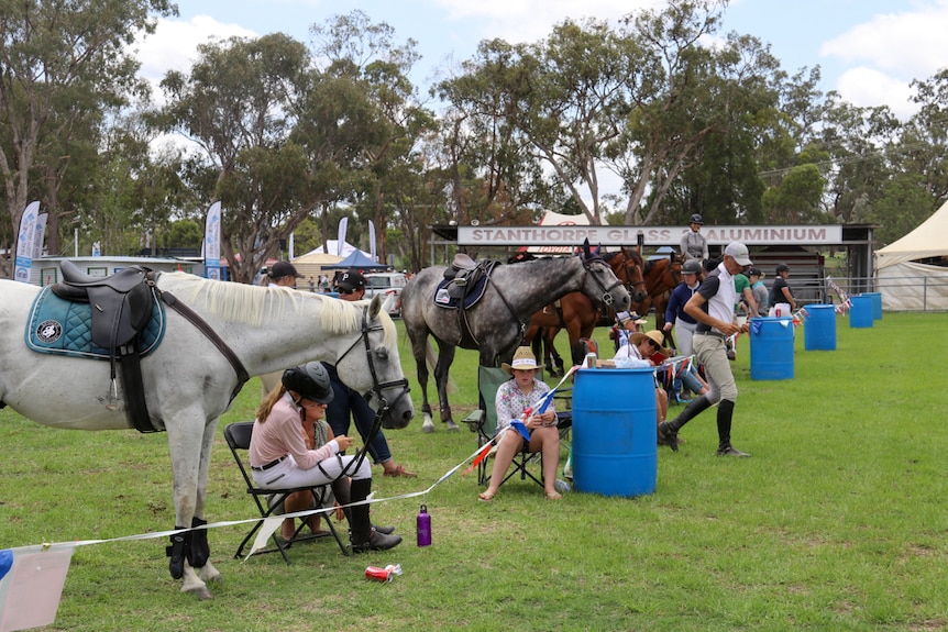 Horses line up along the fence with their riders at an agricultural show