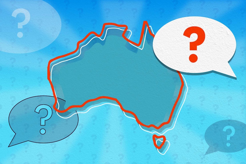 A colourful graphic showing the outline of Australia surrounded by question marks.