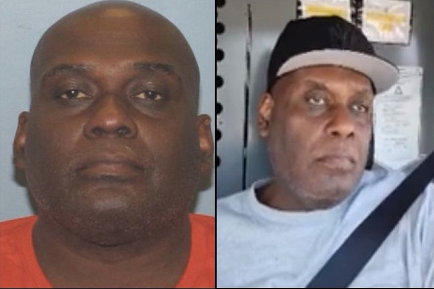 A photo compilation shows a mug shot of a man on the left and a casual shot on the right