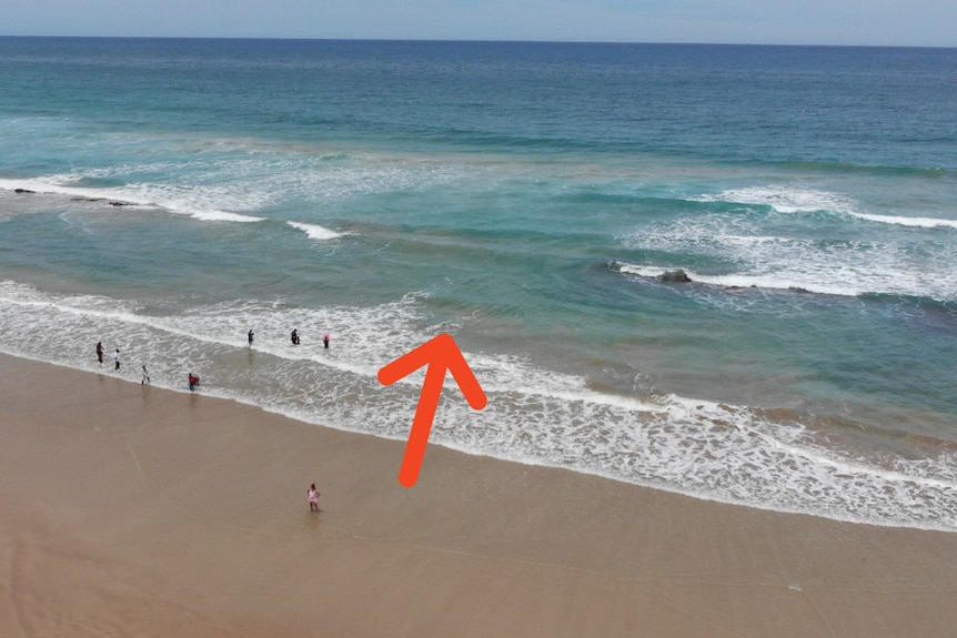 An orange arrow pointing to where a rip can be seen forming at a beach near swimmers. 