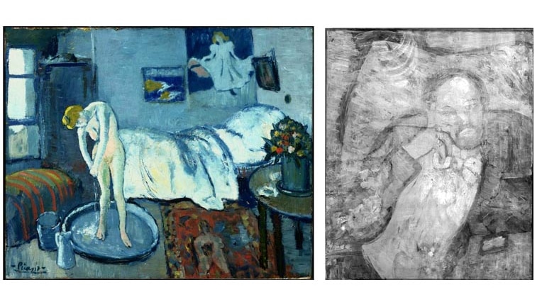 Picasso's The Blue Room, painted in 1901, and the portrait discovered underneath the painting.