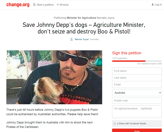 A change.org petition has been created by Sydney woman Namita Sopal urging supporters to help save Depp's dogs on May 14, 2015