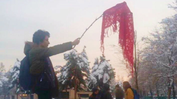 A woman holds a scarf on the end of a stick .