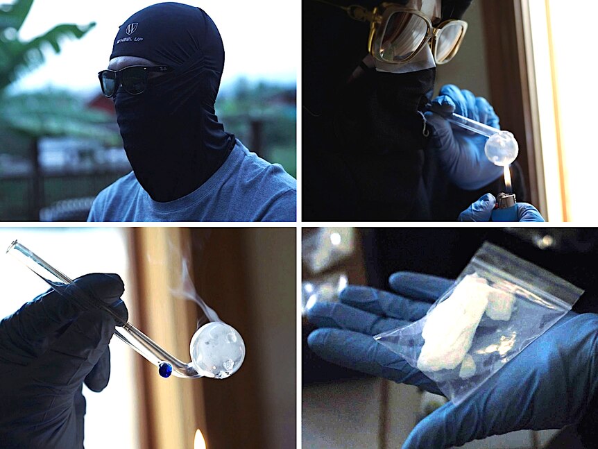 A montage of four different images showing two people in sunglasses and balaclavas, a meth pipe and a bag of white crystals