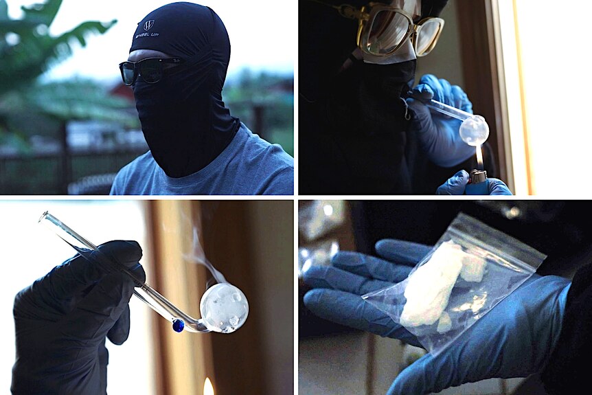 A montage of four different images showing two people in sunglasses and balaclavas, a meth pipe and a bag of white crystals