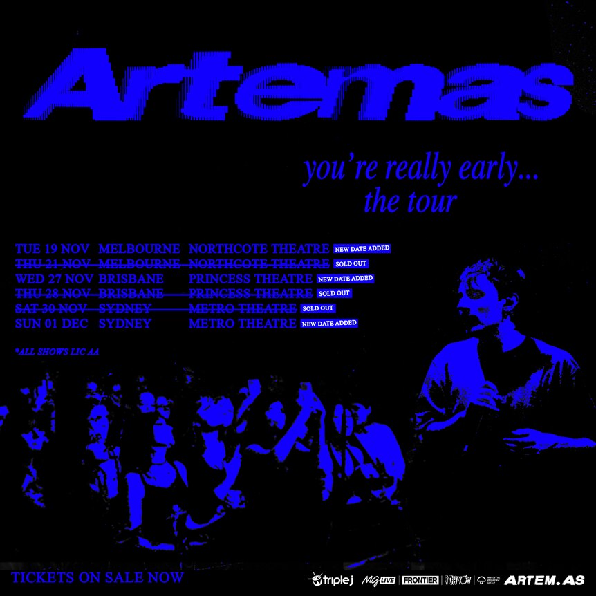 Black poster for Artemas' Australian tour with blue text and a blue contrast image of a singer with a crowd
