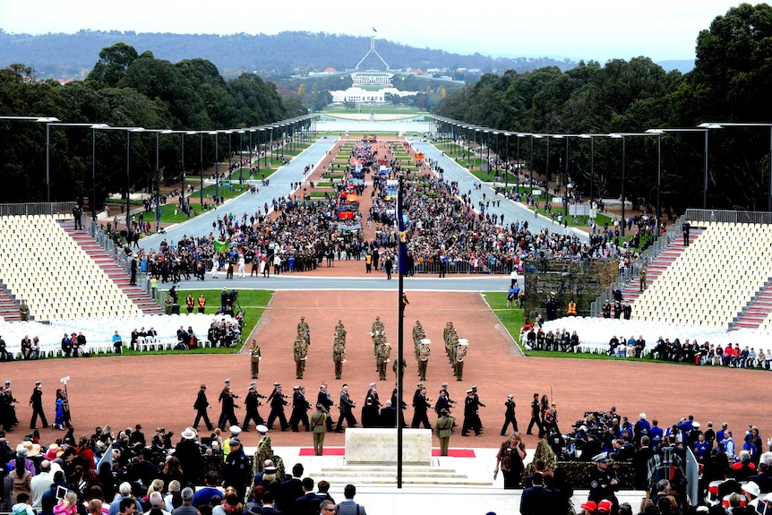 The Anzac Day march at the Australian War Memorial in Canberra.