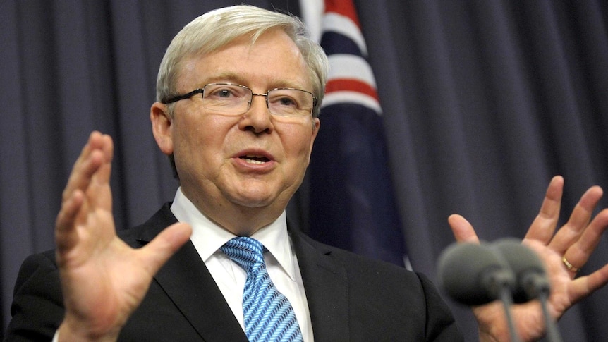 Kevin Rudd speaks during a press conference.