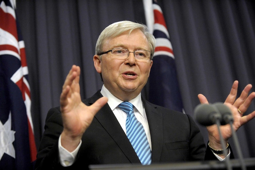 Kevin Rudd speaks during a press conference.