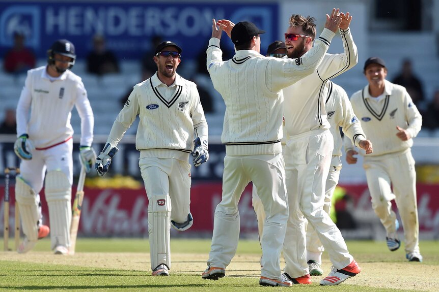 New Zealand celebrates the last wicket of the second Test
