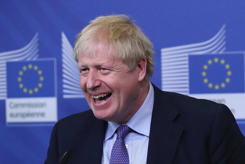 Boris Johnson is smiling while he gives a speech at a podium the European Union logo is in the background