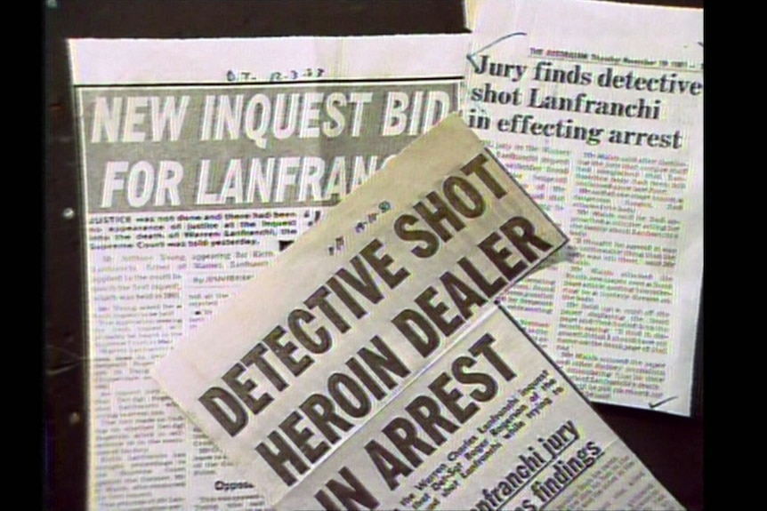 a black and white image of old newspaper clippings covering the 1981 death of drug dealer Warren Lanfranchi