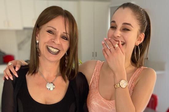 Aggie Di Mauro and her daughter Celeste Manno smiling and laughing.