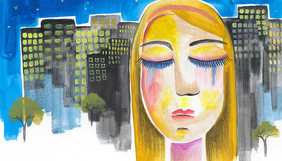 An illustration shows a woman with closed eyes, crying, in front of a cityscape.