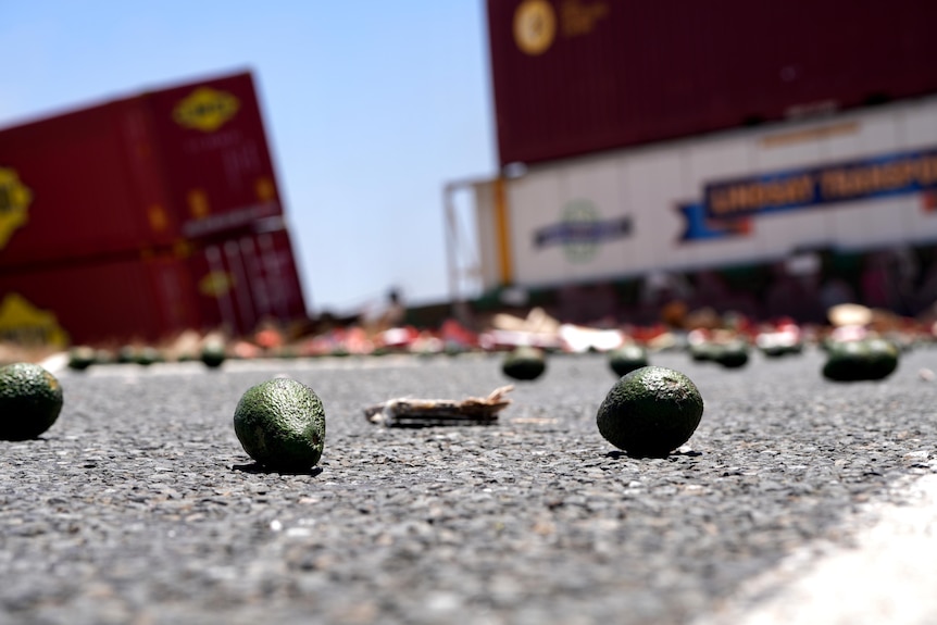 Avocados are splayed on a road with broken down cargo fallen on the road in the background.