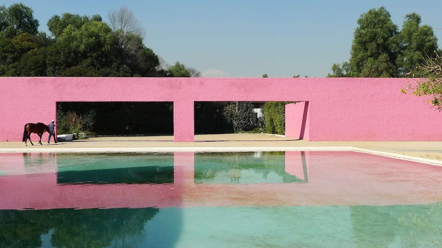A hot pink wall with two large rectangular arches is reflected in an azure pool, with a horse being walked to one arch.