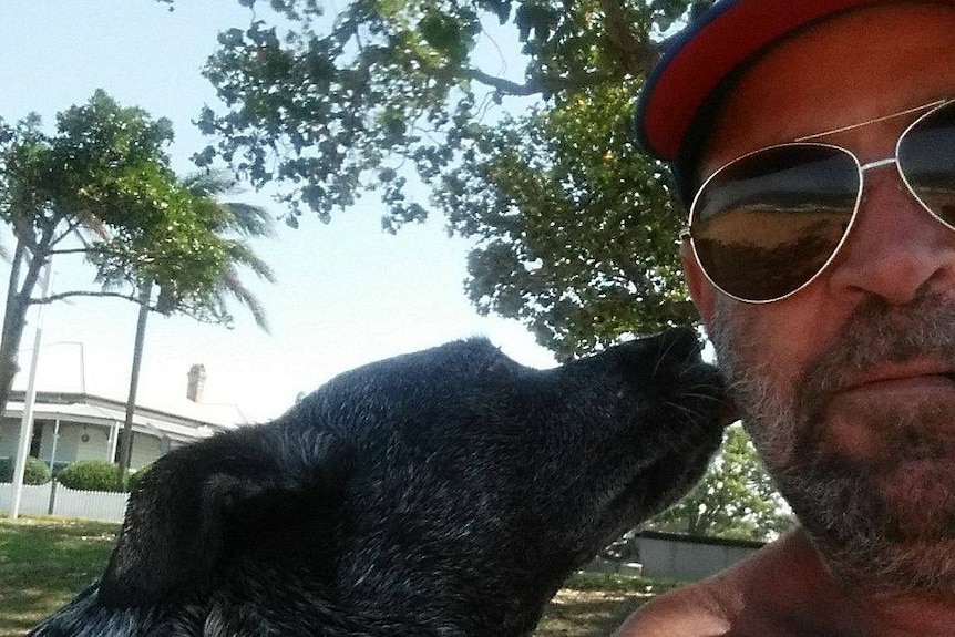 A man in sunglasses and a cap with a blue cattle dog.