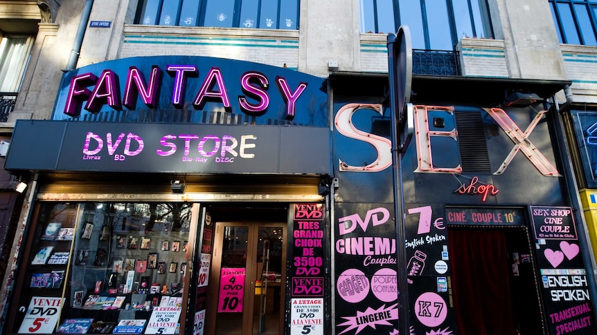 Sex shops in the red light district of Paris, France.