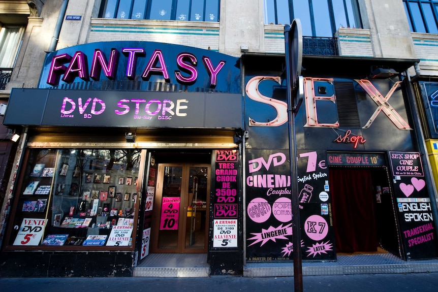 Sex shops in the red light district of Paris, France.