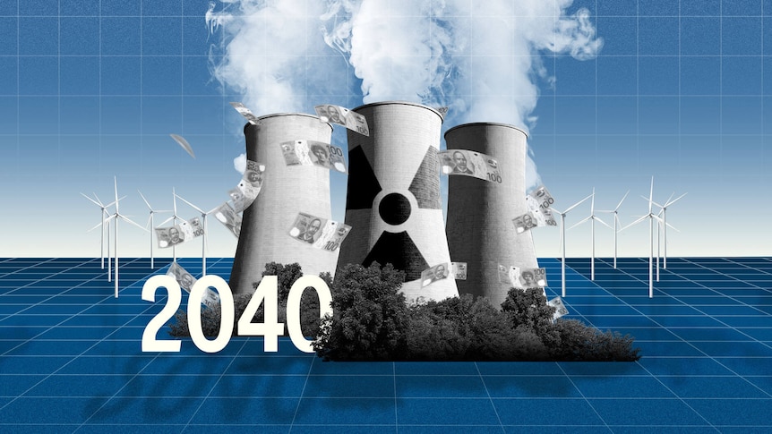 A graphic of a nuclear power plant with a nuclear symbol and the numbers 2040 and 2045 in the foreground