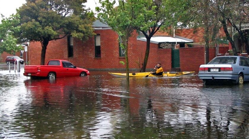 Kayaking in floodwater, Melbourne