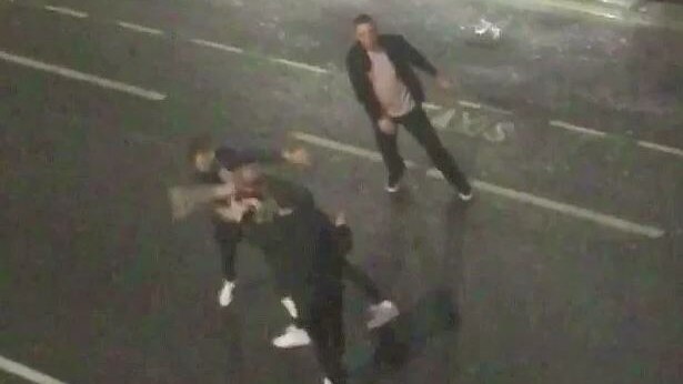 CCTV footage filmed from above shows Ben Stokes throwing punches on the street.